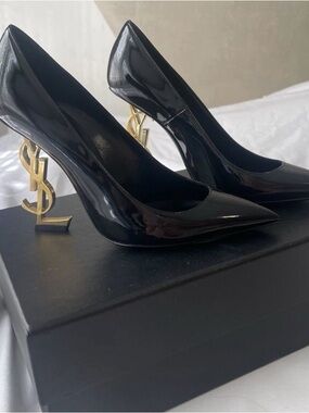 Saint Laurent Black Patent Opyum Logo Pumps with Gold Heels